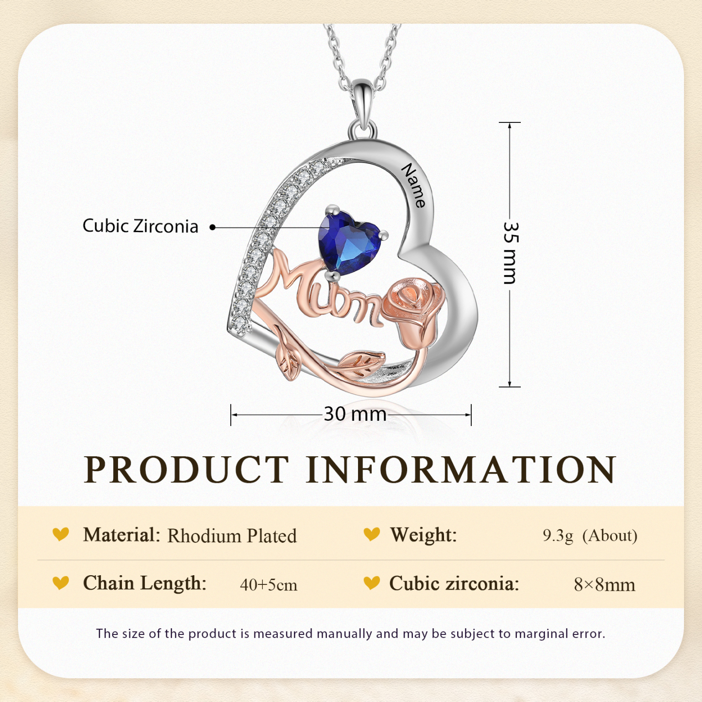 For Mother - Personalised Heart Necklace Custom 1 Birthstone and Name Jewelry Rose Ideal Mothers' Day Gift | Jessemade