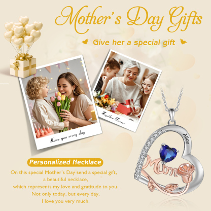 For Mother - Personalised Heart Necklace Custom 1 Birthstone and Name Jewelry Rose Ideal Mothers' Day Gift | Jessemade