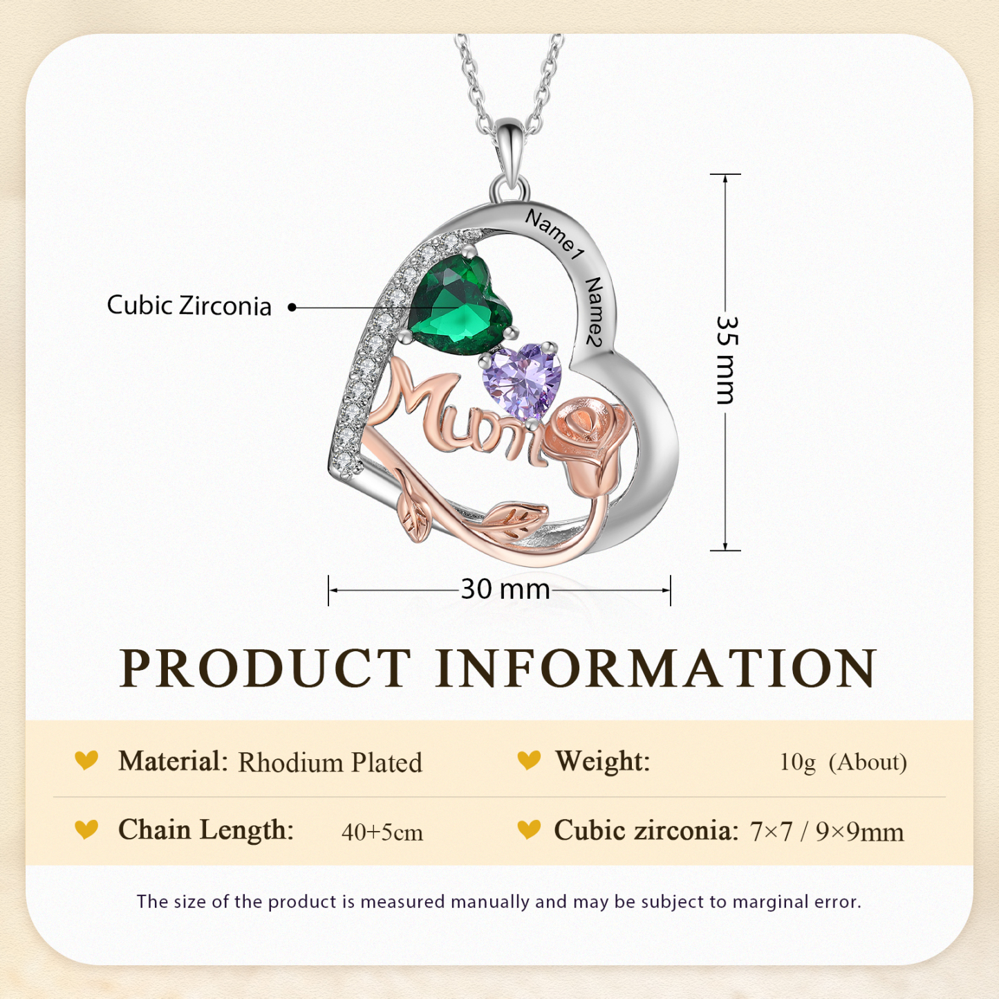 For Mother - Personalised Heart Necklace Custom 2 Birthstones and Names Jewelry Rose Ideal Mothers' Day Gift | Jessemade