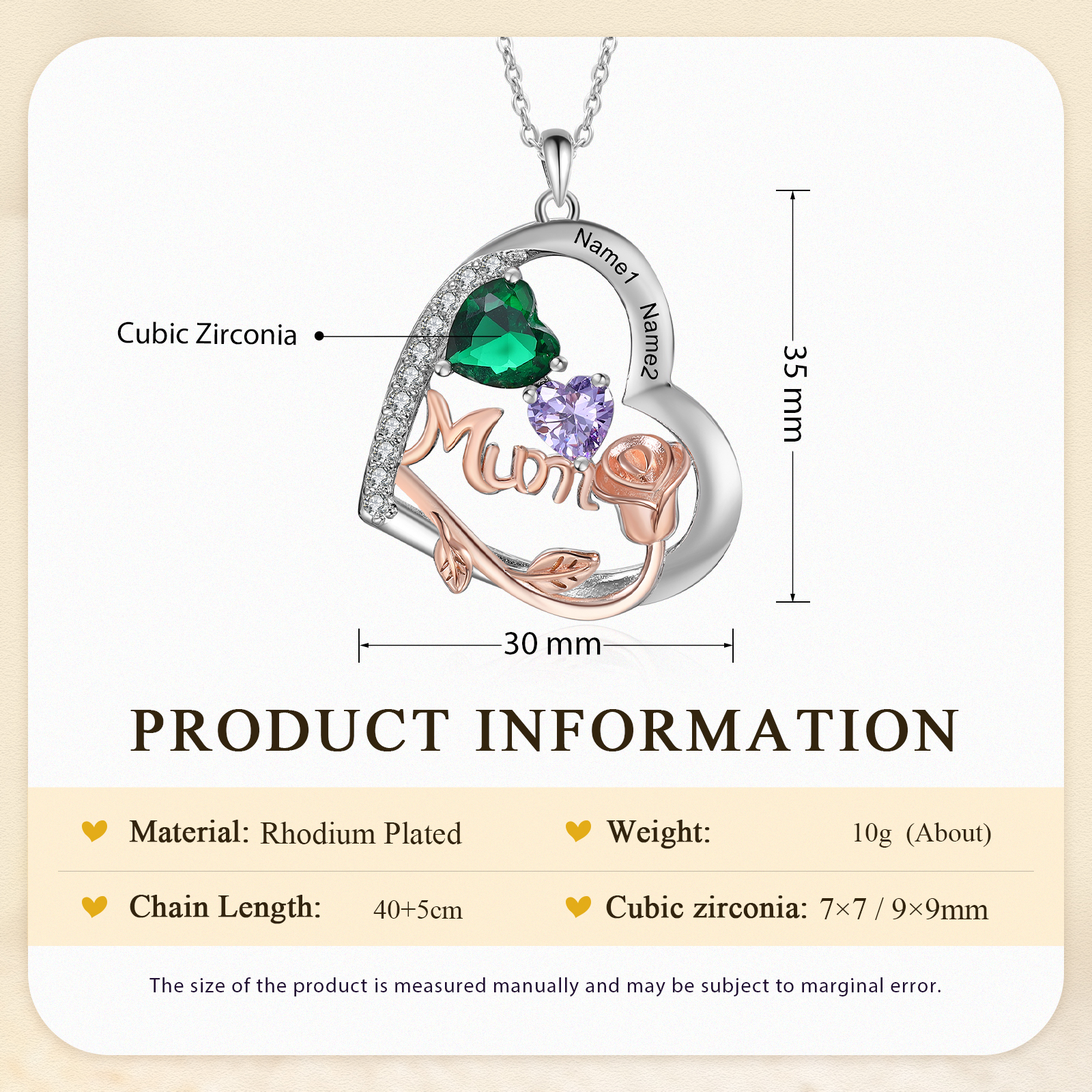 For Mother - Personalised Heart Necklace Custom 2 Birthstones and Names Jewelry Rose Ideal Mothers' Day Gift | Jessemade