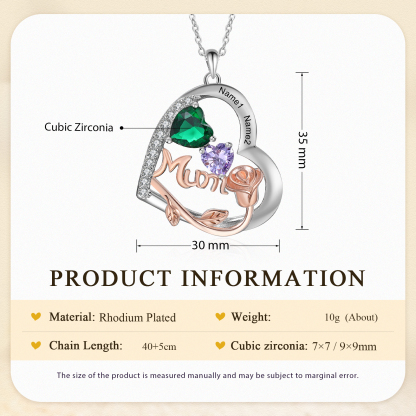 For Mother - Personalised Heart Necklace Custom 2 Birthstones and Names Jewelry Rose Ideal Mothers' Day Gift | Jessemade