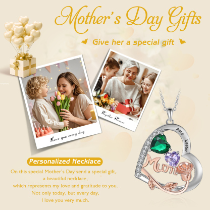For Mother - Personalised Heart Necklace Custom 2 Birthstones and Names Jewelry Rose Ideal Mothers' Day Gift | Jessemade