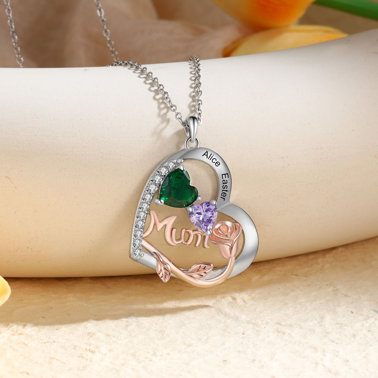 For Mother - Personalised Heart Necklace Custom 2 Birthstones and Names Jewelry Rose Ideal Mothers' Day Gift | Jessemade
