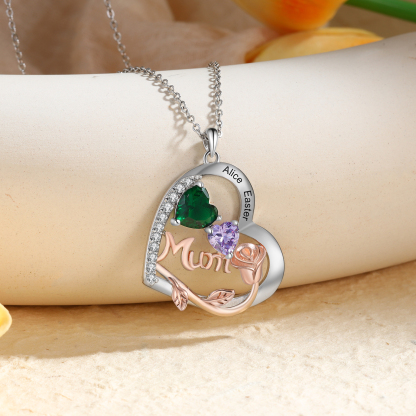 For Mother - Personalised Heart Necklace Custom 2 Birthstones and Names Jewelry Rose Ideal Mothers' Day Gift | Jessemade