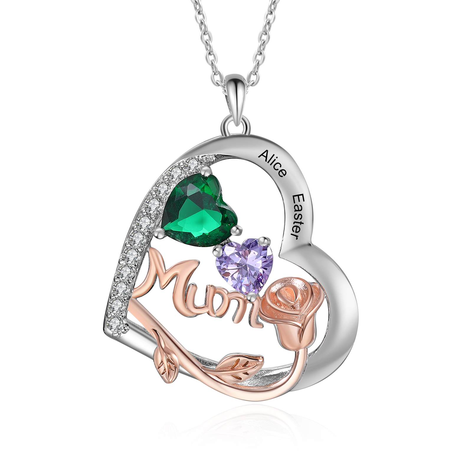 Personalised Mum Heart Necklace with Two Birthstones – Custom Engraved Gift for Mum | Jessemade