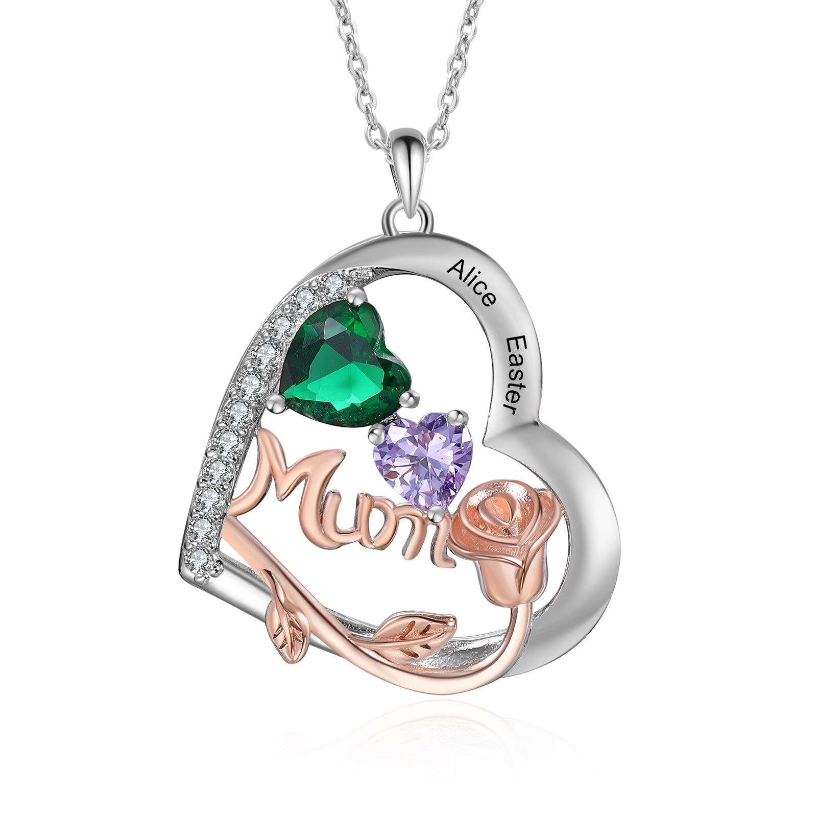 Personalised Mum Heart Necklace with Two Birthstones – Custom Engraved Gift for Mum | Jessemade