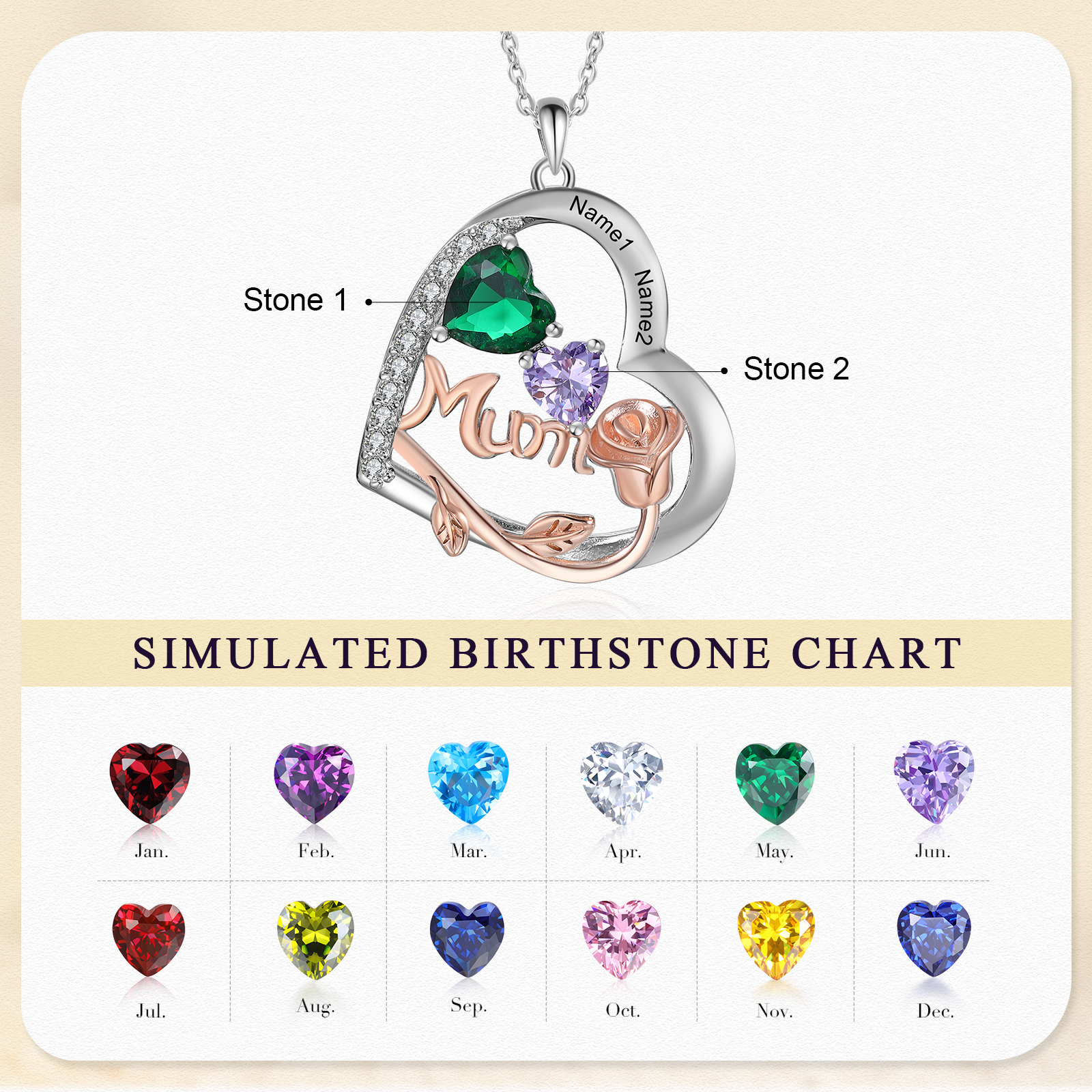 For Mother - Personalised Heart Necklace Custom 2 Birthstones and Names Jewelry Rose Ideal Mothers' Day Gift | Jessemade