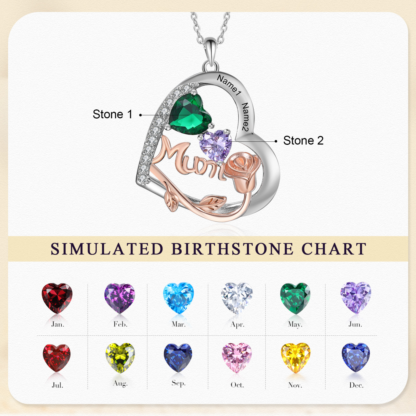 For Mother - Personalised Heart Necklace Custom 2 Birthstones and Names Jewelry Rose Ideal Mothers' Day Gift | Jessemade