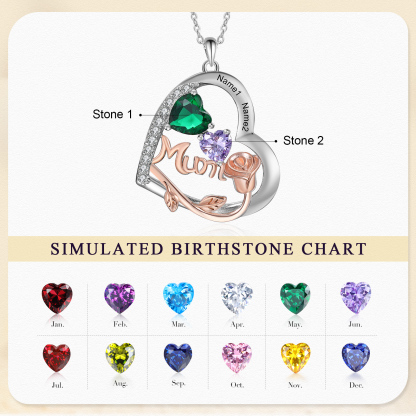 For Mother - Personalised Heart Necklace Custom 2 Birthstones and Names Jewelry Rose Ideal Mothers' Day Gift | Jessemade
