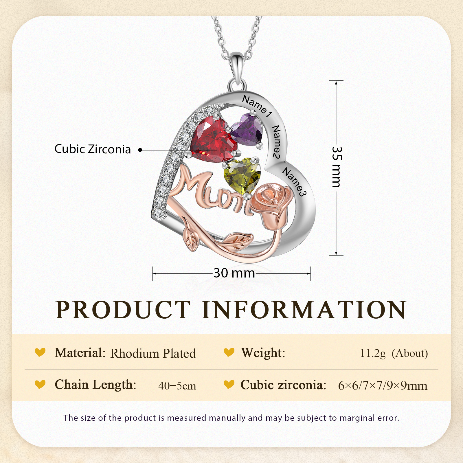 For Mother - Personalised Heart Necklace Custom 3 Birthstones and Names Jewelry Rose Ideal Mothers' Day Gift | Jessemade
