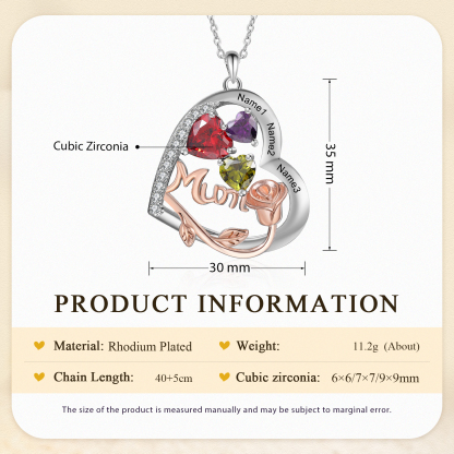 For Mother - Personalised Heart Necklace Custom 3 Birthstones and Names Jewelry Rose Ideal Mothers' Day Gift | Jessemade