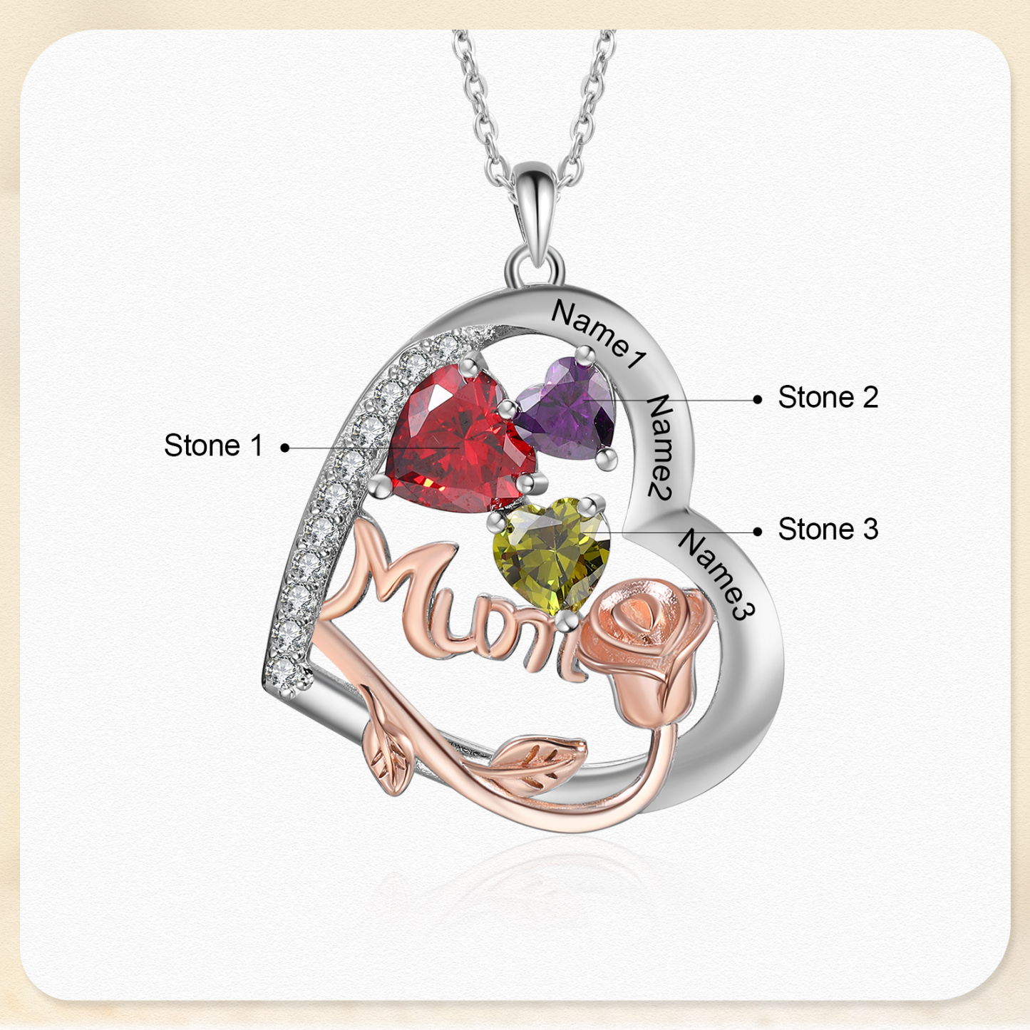 For Mother - Personalised Heart Necklace Custom 3 Birthstones and Names Jewelry Rose Ideal Mothers' Day Gift | Jessemade