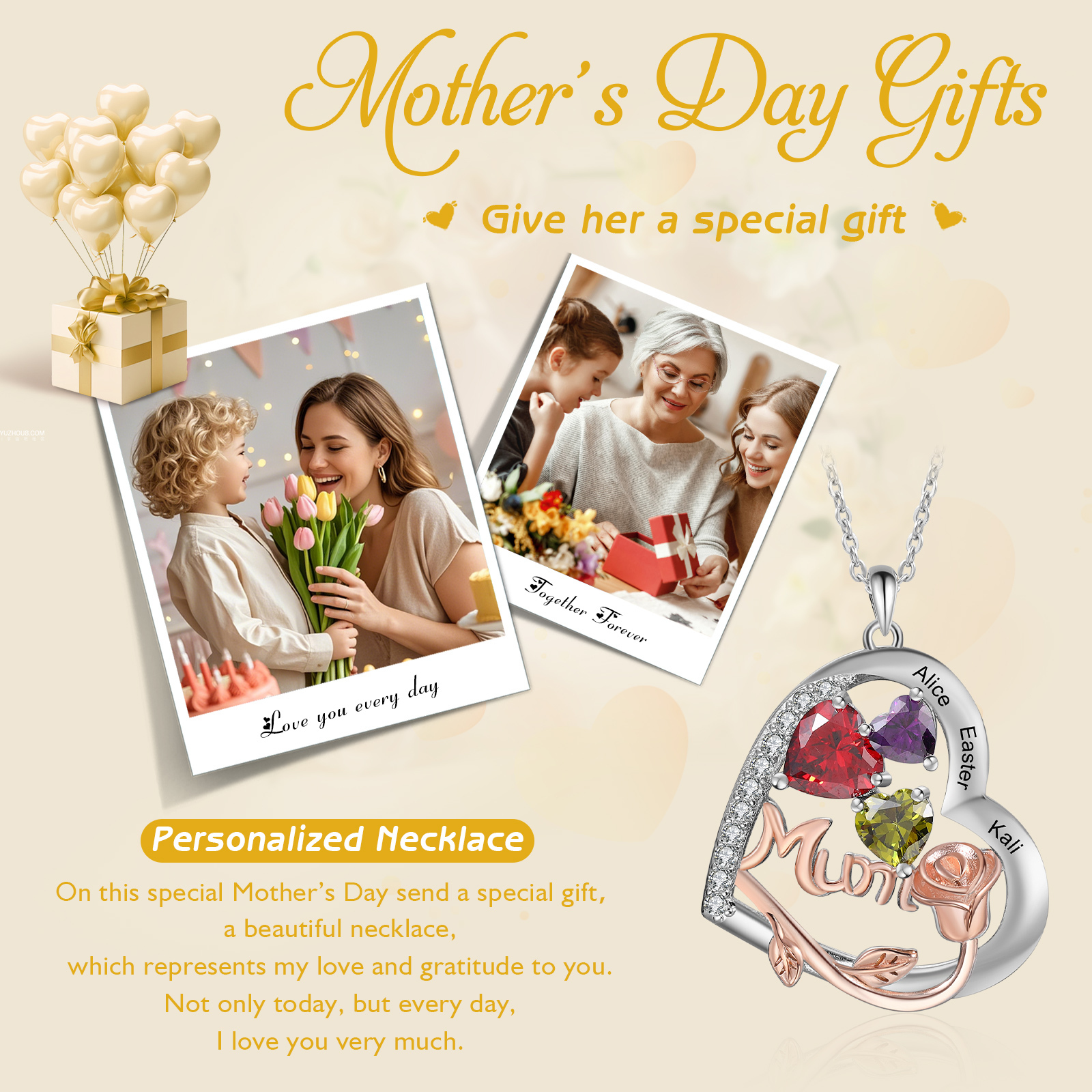 For Mother - Personalised Heart Necklace Custom 3 Birthstones and Names Jewelry Rose Ideal Mothers' Day Gift | Jessemade