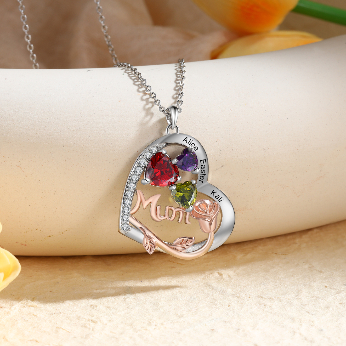 For Mother - Personalised Heart Necklace Custom 3 Birthstones and Names Jewelry Rose Ideal Mothers' Day Gift | Jessemade
