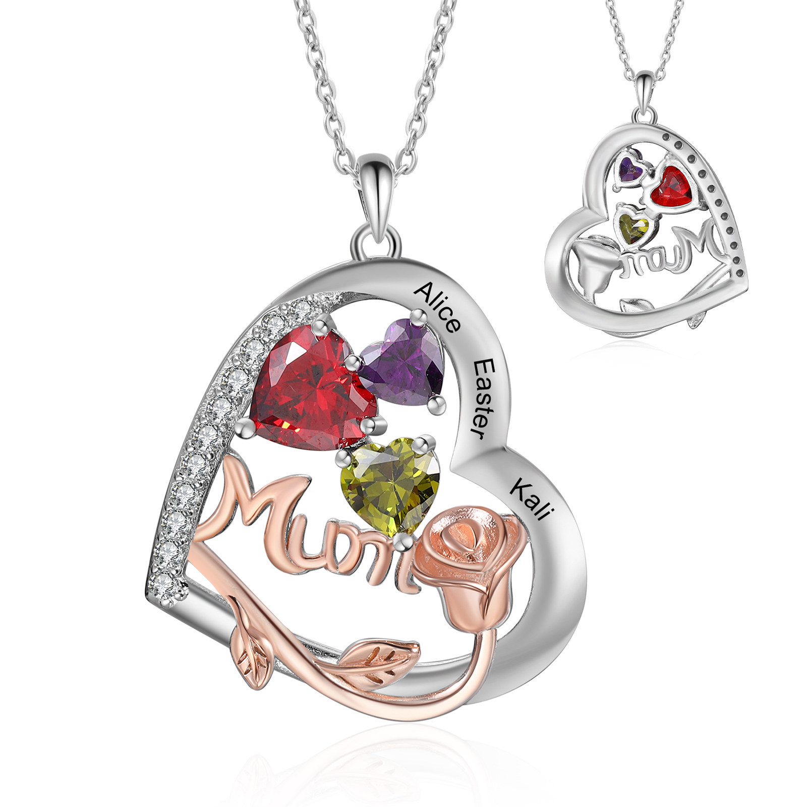For Mother - Personalised Heart Necklace Custom 3 Birthstones and Names Jewelry Rose Ideal Mothers' Day Gift | Jessemade