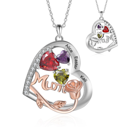 For Mother - Personalised Heart Necklace Custom 3 Birthstones and Names Jewelry Rose Ideal Mothers' Day Gift | Jessemade