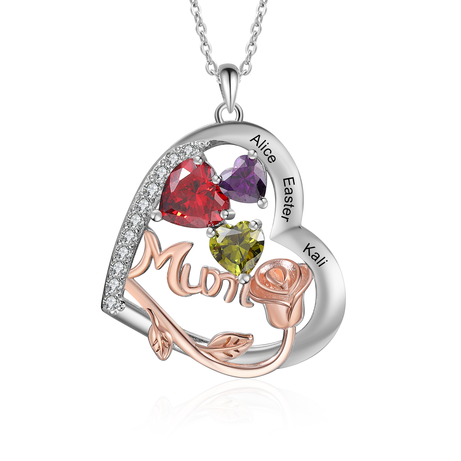 For Mother - Personalised Heart Necklace Custom 3 Birthstones and Names Jewelry Rose Ideal Mothers' Day Gift | Jessemade