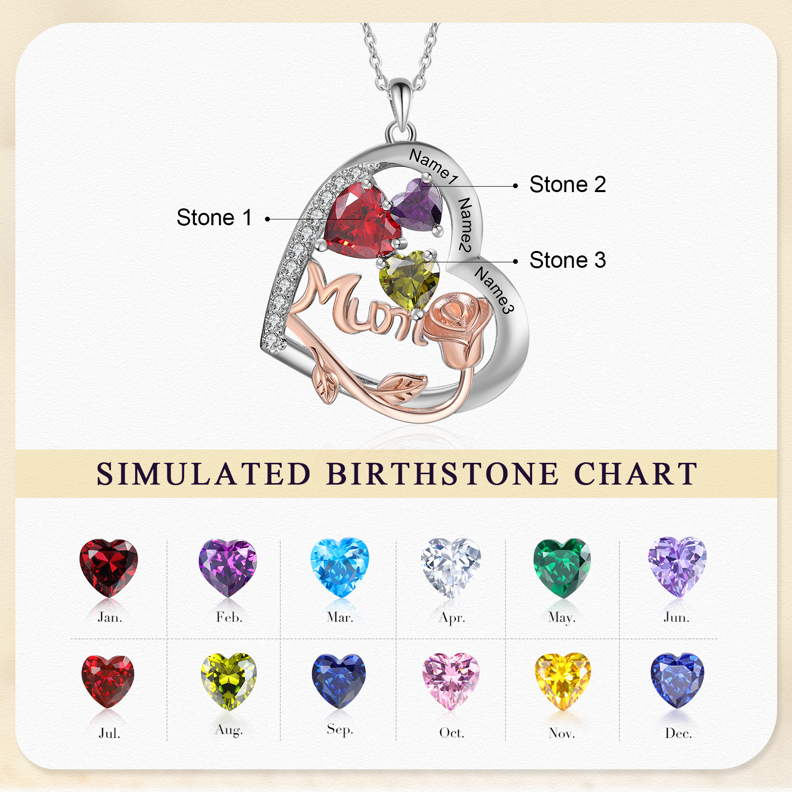 For Mother - Personalised Heart Necklace Custom 3 Birthstones and Names Jewelry Rose Ideal Mothers' Day Gift | Jessemade