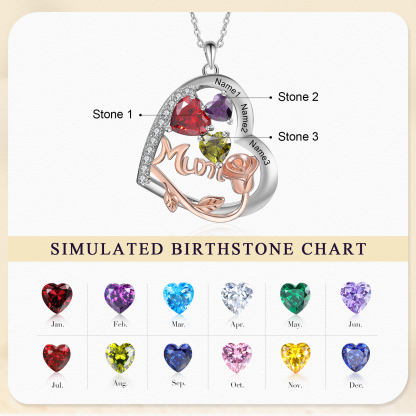 For Mother - Personalised Heart Necklace Custom 3 Birthstones and Names Jewelry Rose Ideal Mothers' Day Gift | Jessemade