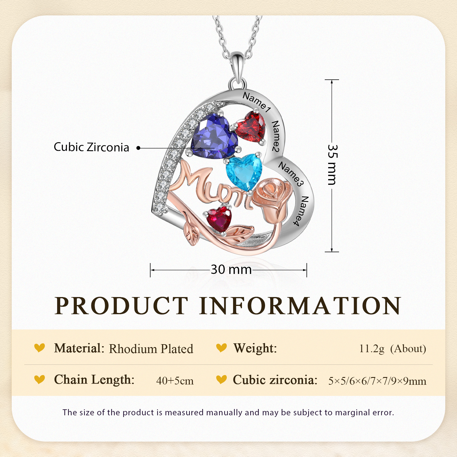 For Mother - Personalised Heart Necklace Custom 4 Birthstones and Names Jewelry Rose Ideal Mothers' Day Gift | Jessemade