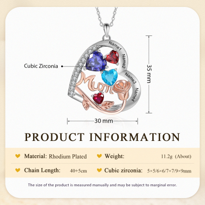 For Mother - Personalised Heart Necklace Custom 4 Birthstones and Names Jewelry Rose Ideal Mothers' Day Gift | Jessemade