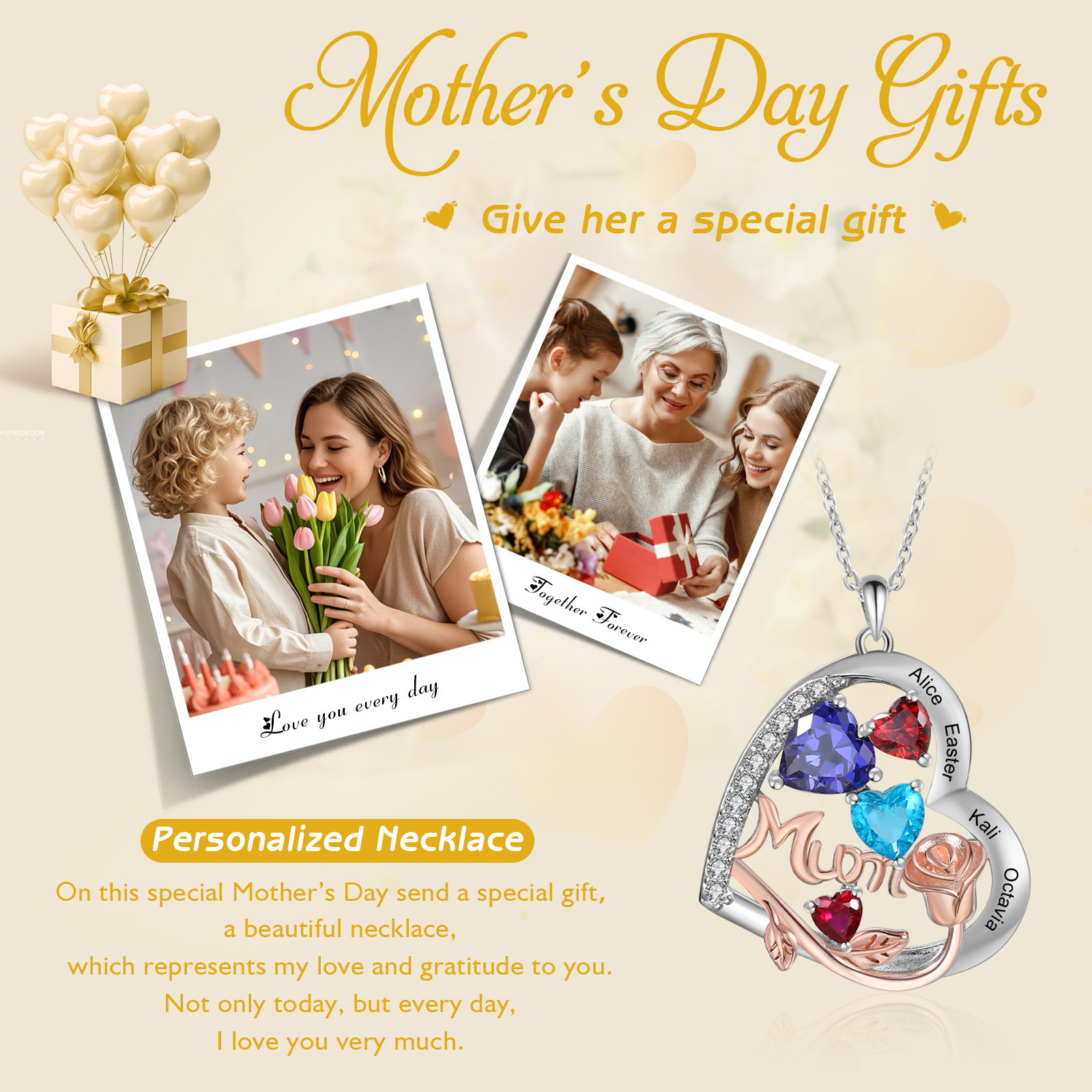 For Mother - Personalised Heart Necklace Custom 4 Birthstones and Names Jewelry Rose Ideal Mothers' Day Gift | Jessemade