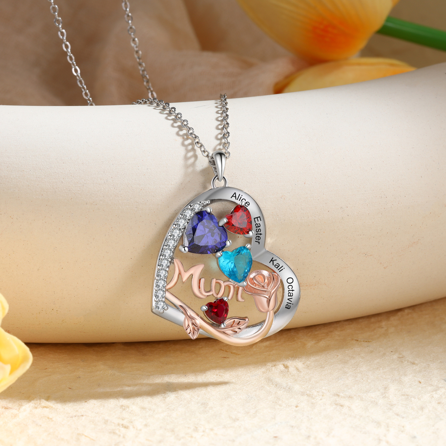 For Mother - Personalised Heart Necklace Custom 4 Birthstones and Names Jewelry Rose Ideal Mothers' Day Gift | Jessemade