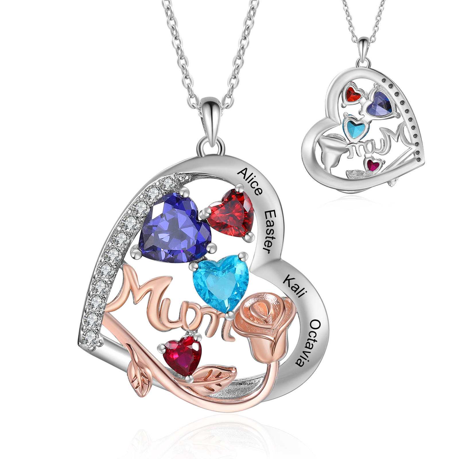 For Mother - Personalised Heart Necklace Custom 4 Birthstones and Names Jewelry Rose Ideal Mothers' Day Gift | Jessemade
