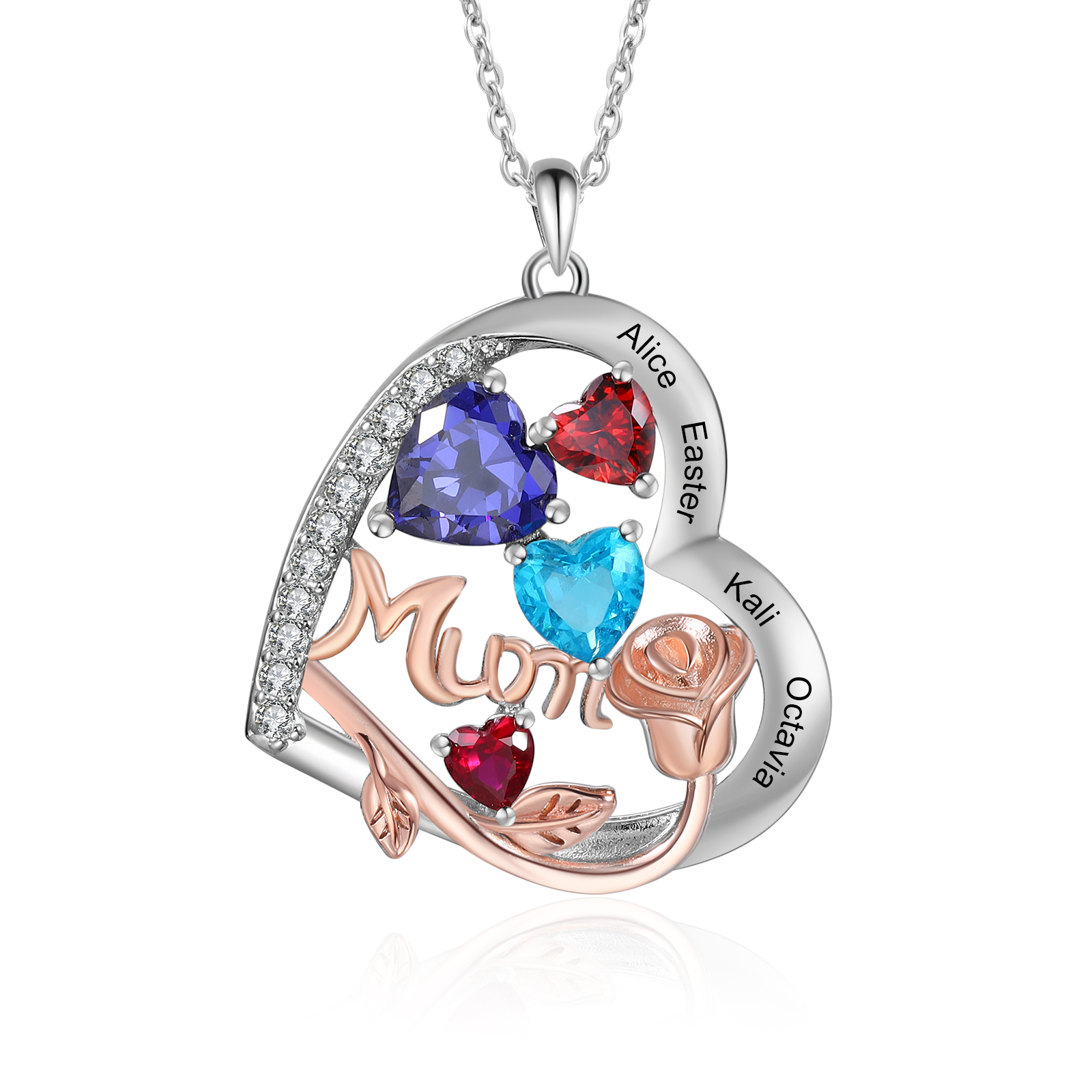 Personalised Mum Heart Necklace with Four Birthstones & Engraved Names – Custom Gift for Mum | Jessemade