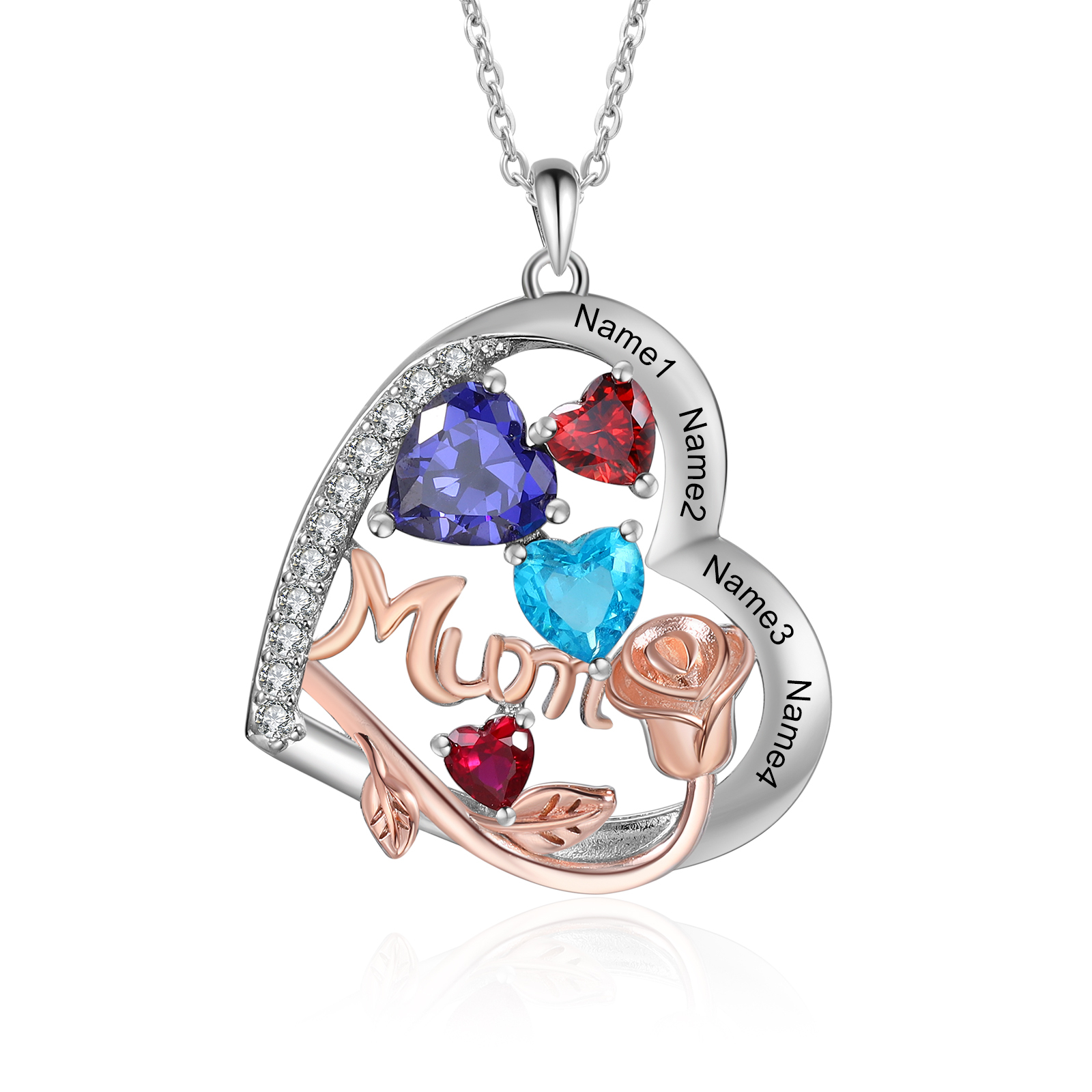 For Mother - Personalised Heart Necklace Custom 4 Birthstones and Names Jewelry Rose Ideal Mothers' Day Gift | Jessemade