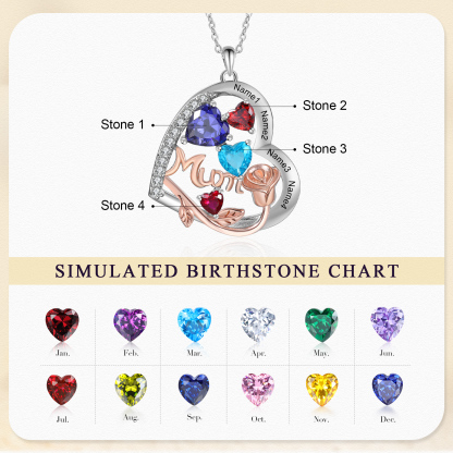 For Mother - Personalised Heart Necklace Custom 4 Birthstones and Names Jewelry Rose Ideal Mothers' Day Gift | Jessemade