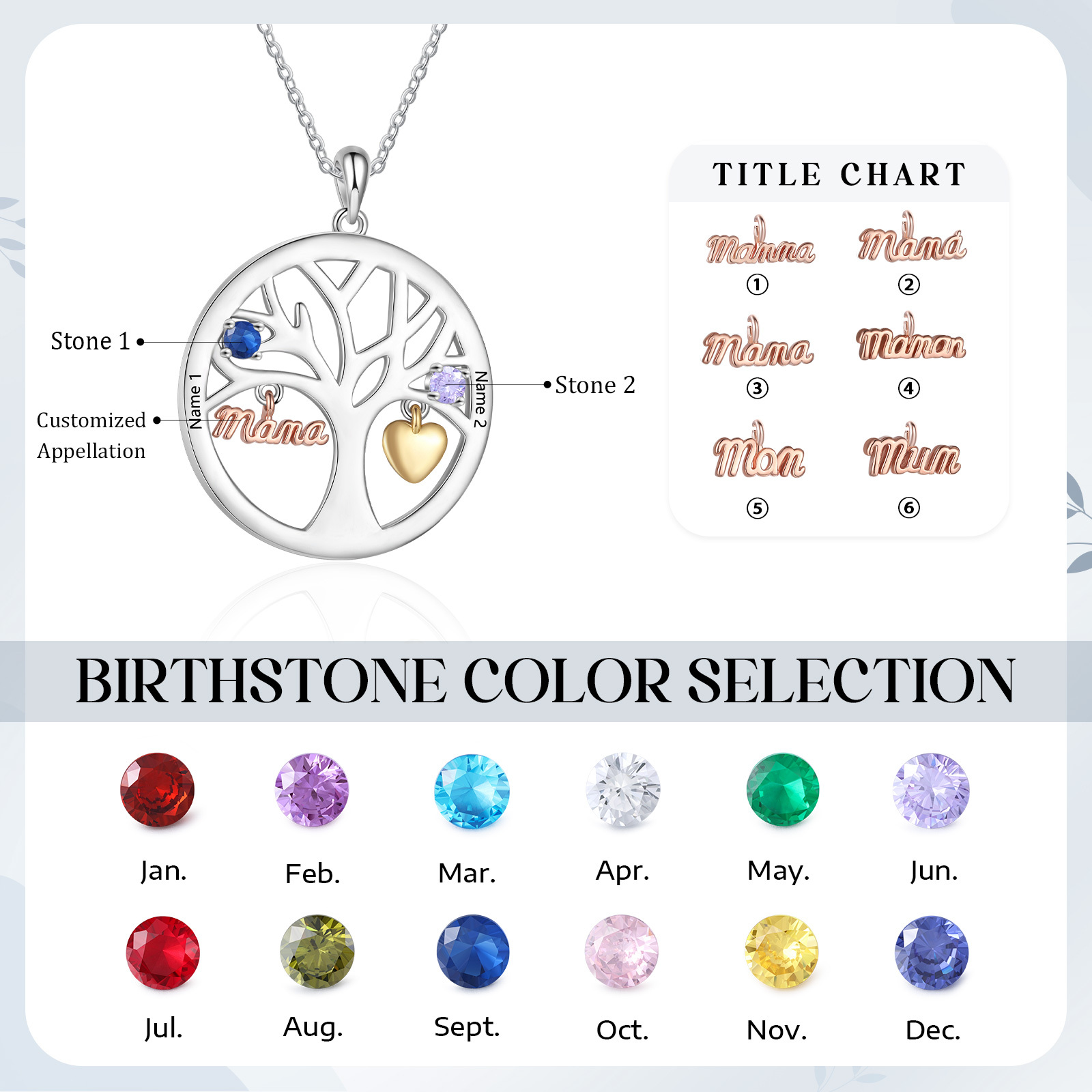 To my Mum/Mom Personalised Family Tree Necklace witn 2 Names and Birthstones Mothers' Day Gift | Jessemade