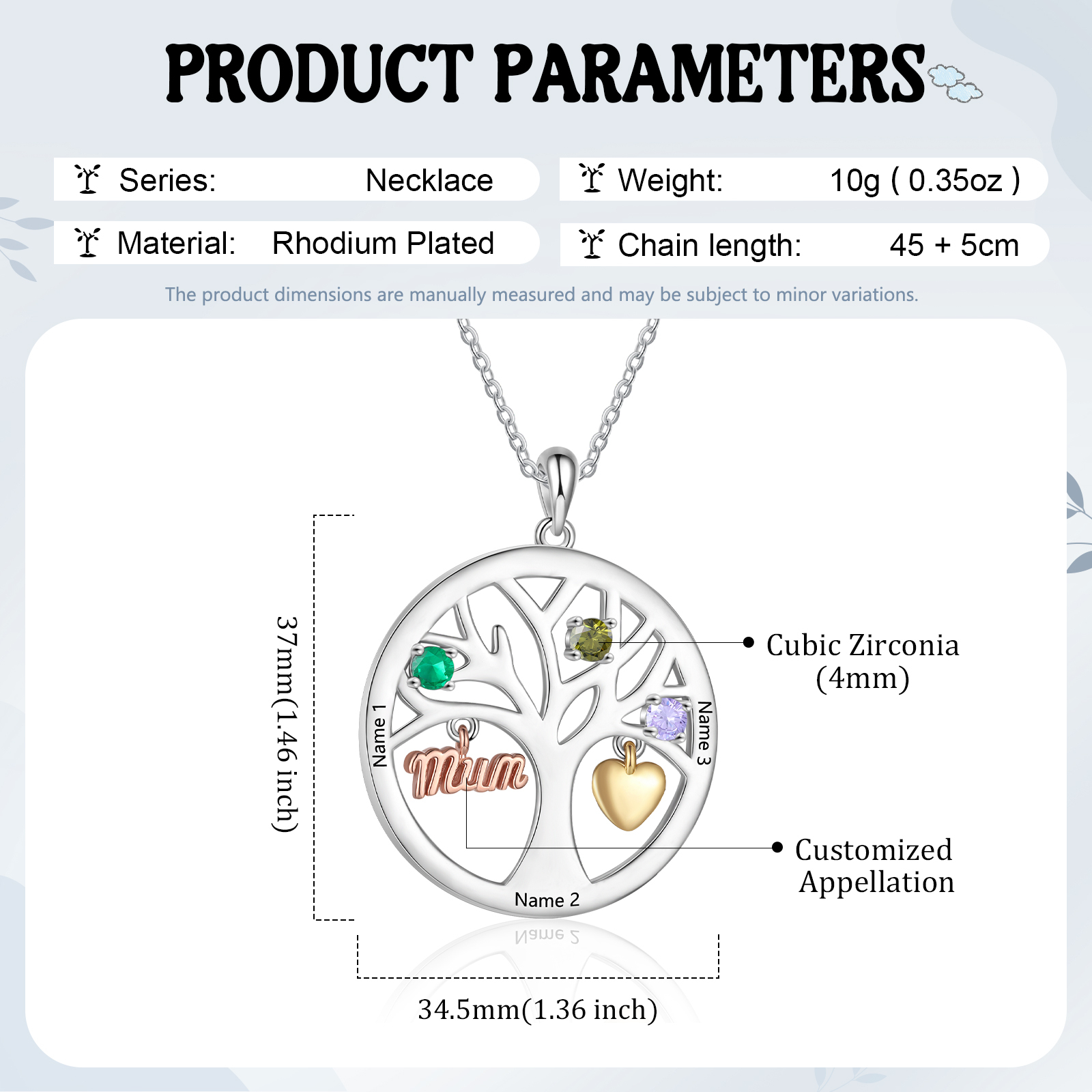 To my Mum/Mom Personalised Family Tree Necklace witn 3 Names and Birthstones Mothers' Day Gift | Jessemade