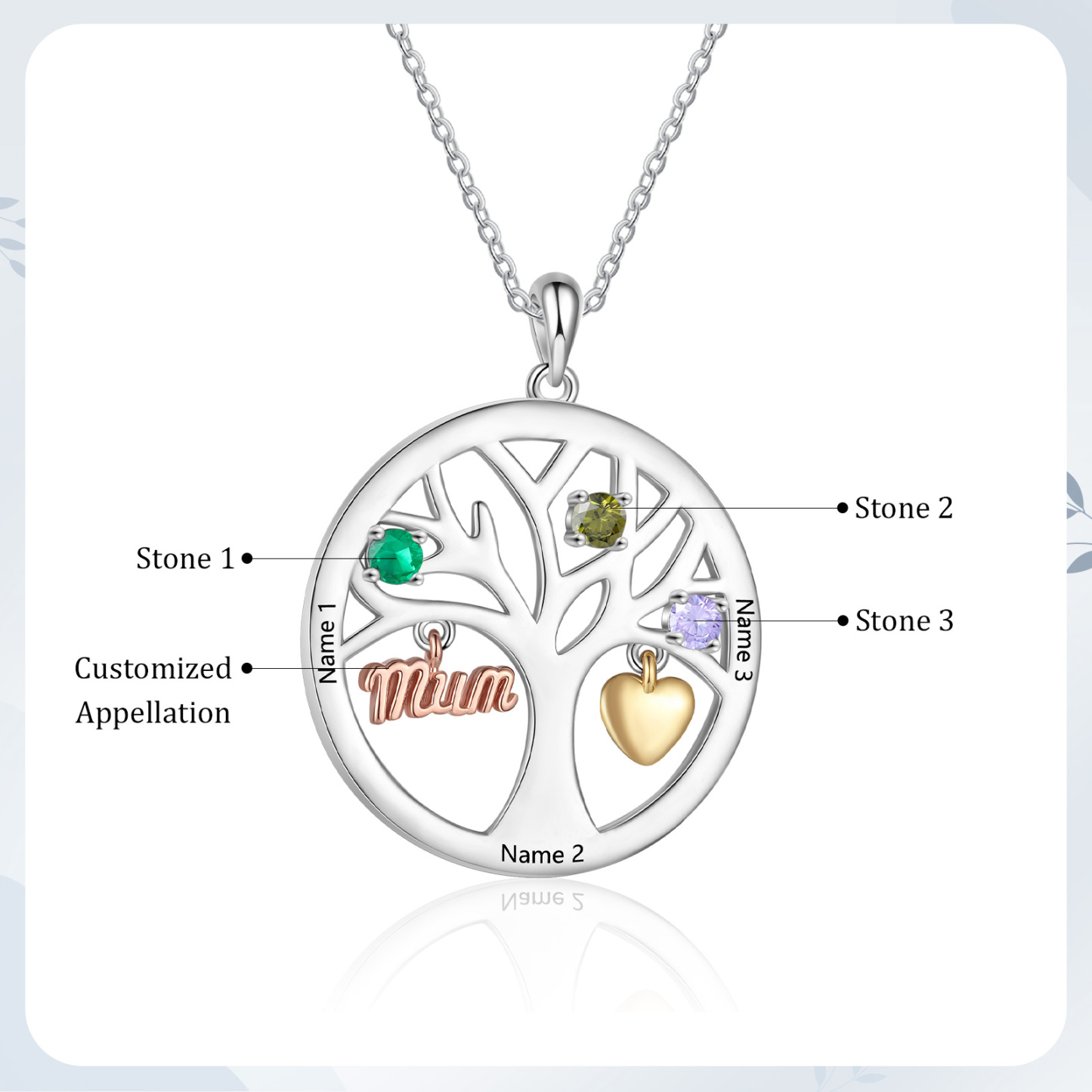 To my Mum/Mom Personalised Family Tree Necklace witn 3 Names and Birthstones Mothers' Day Gift | Jessemade