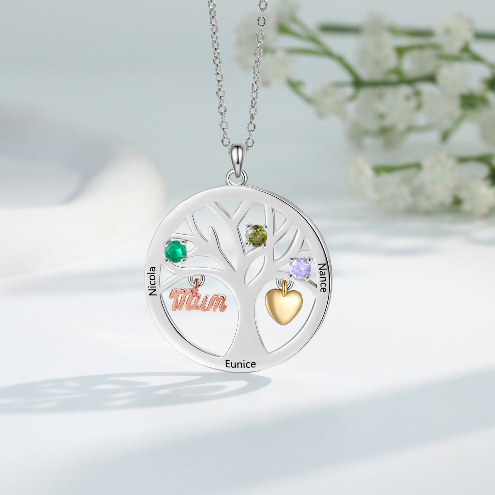 To my Mum/Mom Personalised Family Tree Necklace witn 3 Names and Birthstones Mothers' Day Gift | Jessemade