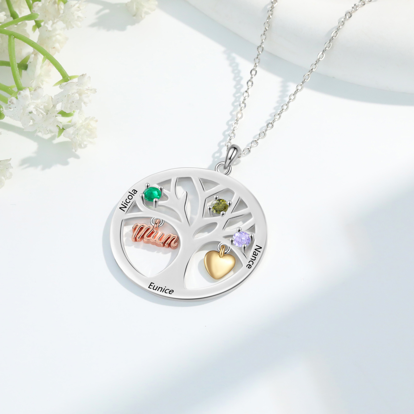 To my Mum/Mom Personalised Family Tree Necklace witn 3 Names and Birthstones Mothers' Day Gift | Jessemade