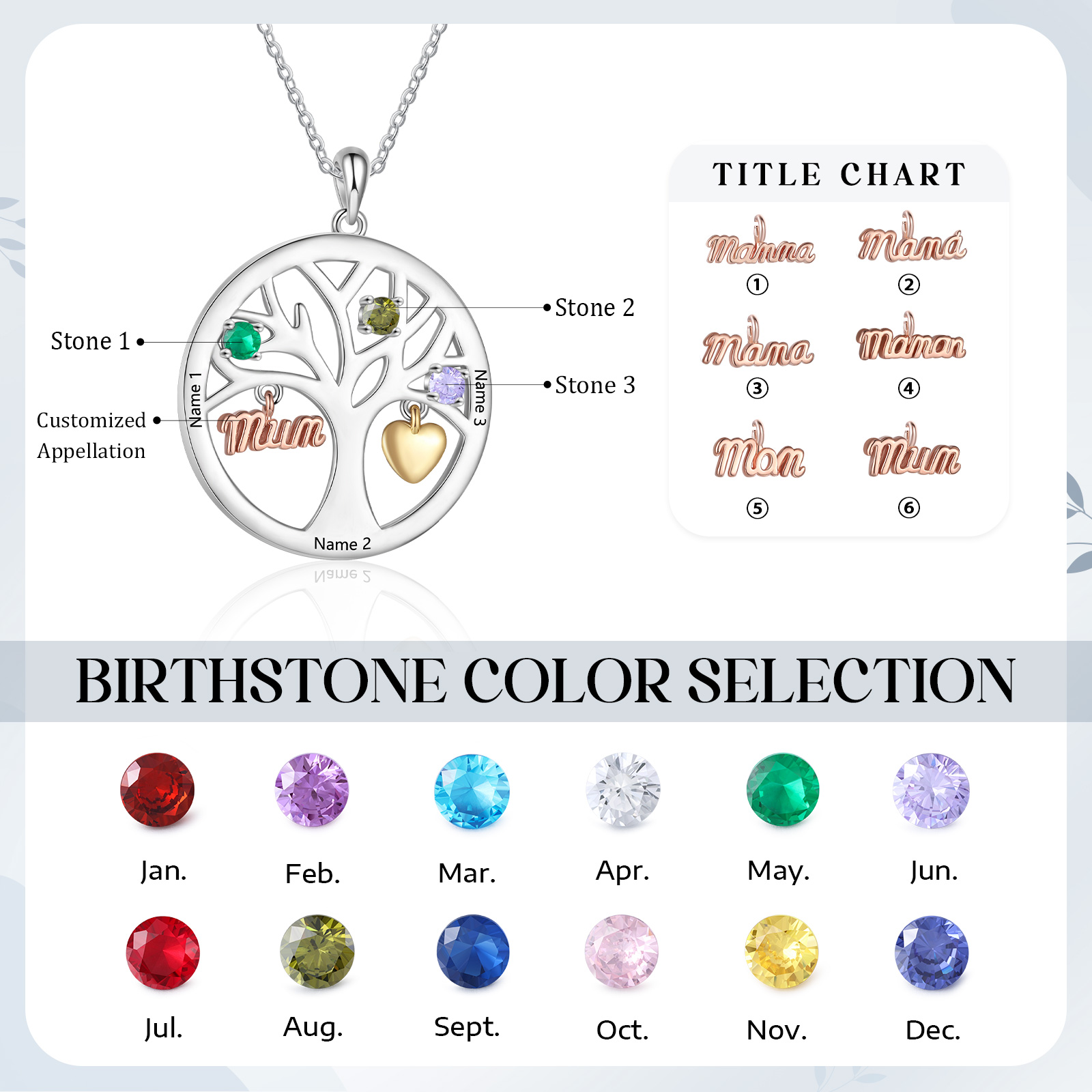 To my Mum/Mom Personalised Family Tree Necklace witn 3 Names and Birthstones Mothers' Day Gift | Jessemade