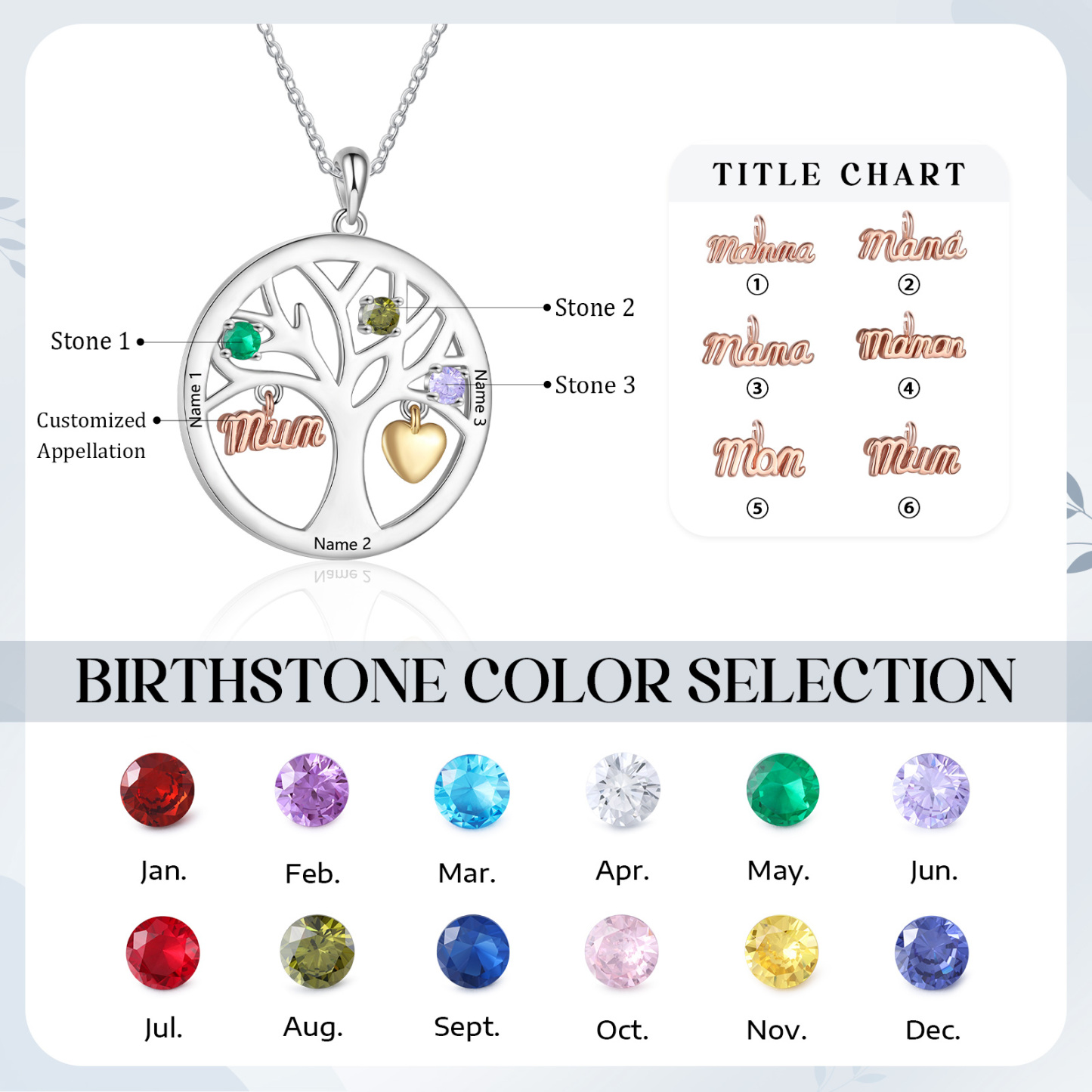 To my Mum/Mom Personalised Family Tree Necklace witn 3 Names and Birthstones Mothers' Day Gift | Jessemade