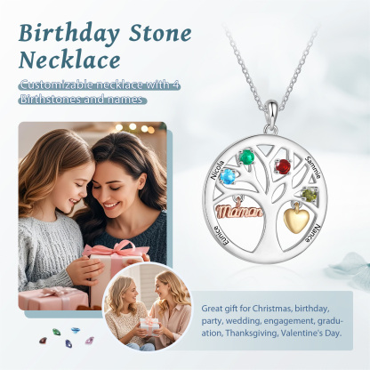 To my Mum/Mom Personalised Family Tree Necklace witn 4 Names and Birthstones Mothers' Day Gift | Jessemade