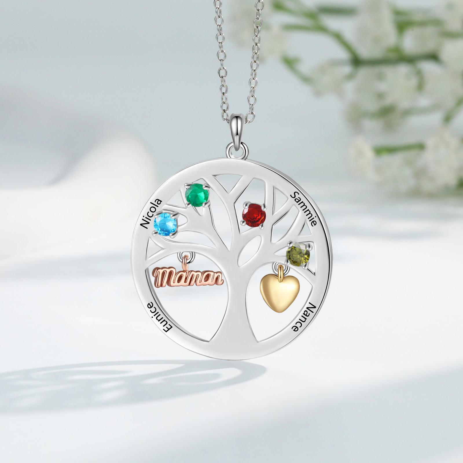 To my Mum/Mom Personalised Family Tree Necklace witn 4 Names and Birthstones Mothers' Day Gift | Jessemade