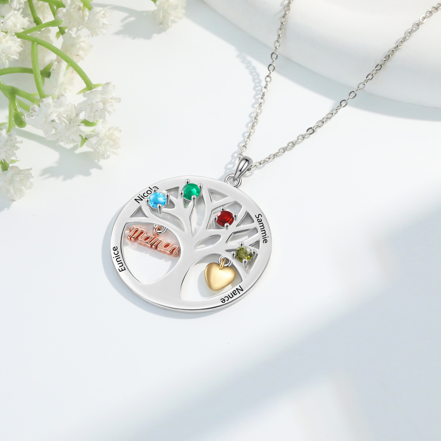 To my Mum/Mom Personalised Family Tree Necklace witn 4 Names and Birthstones Mothers' Day Gift | Jessemade