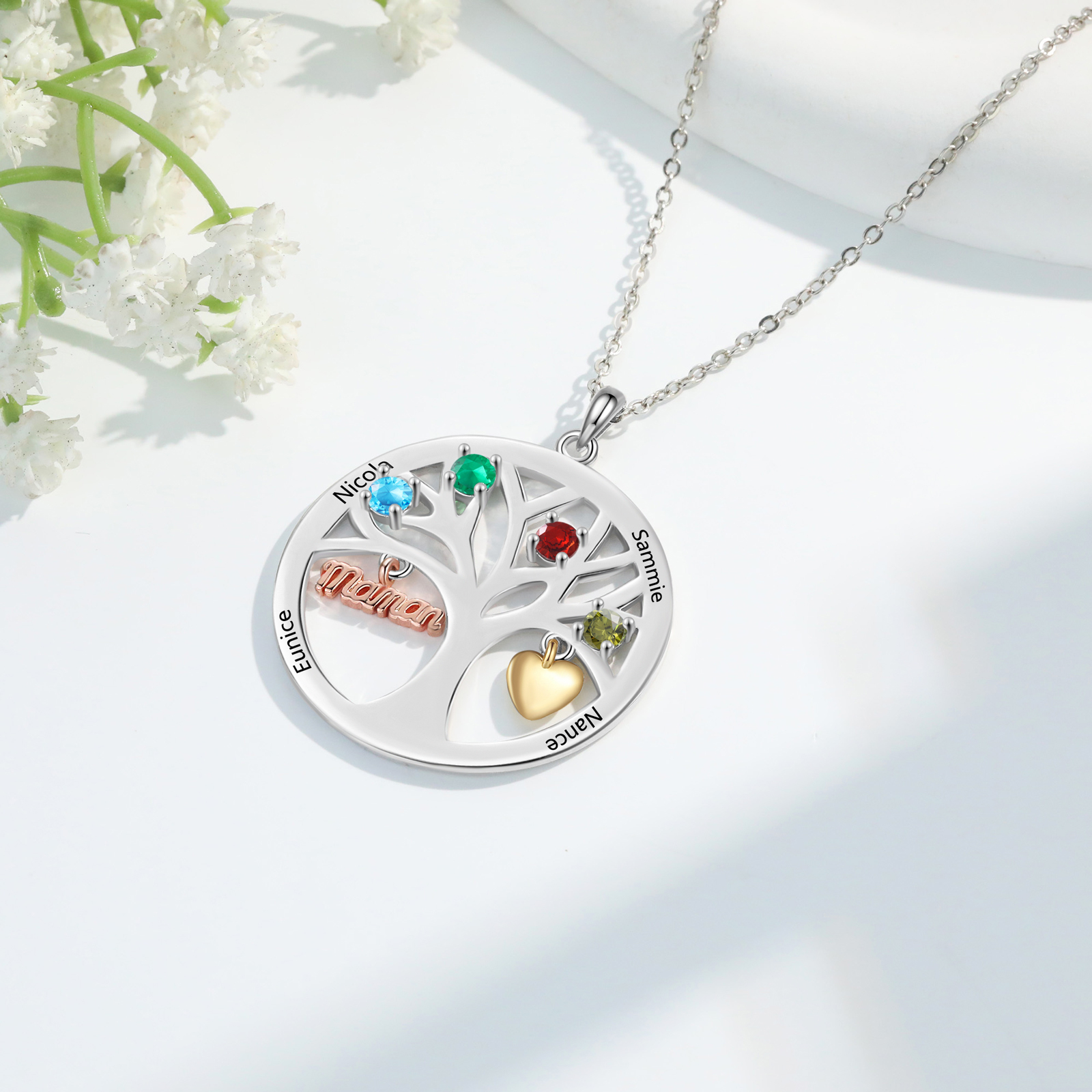 To my Mum/Mom Personalised Family Tree Necklace witn 4 Names and Birthstones Mothers' Day Gift | Jessemade