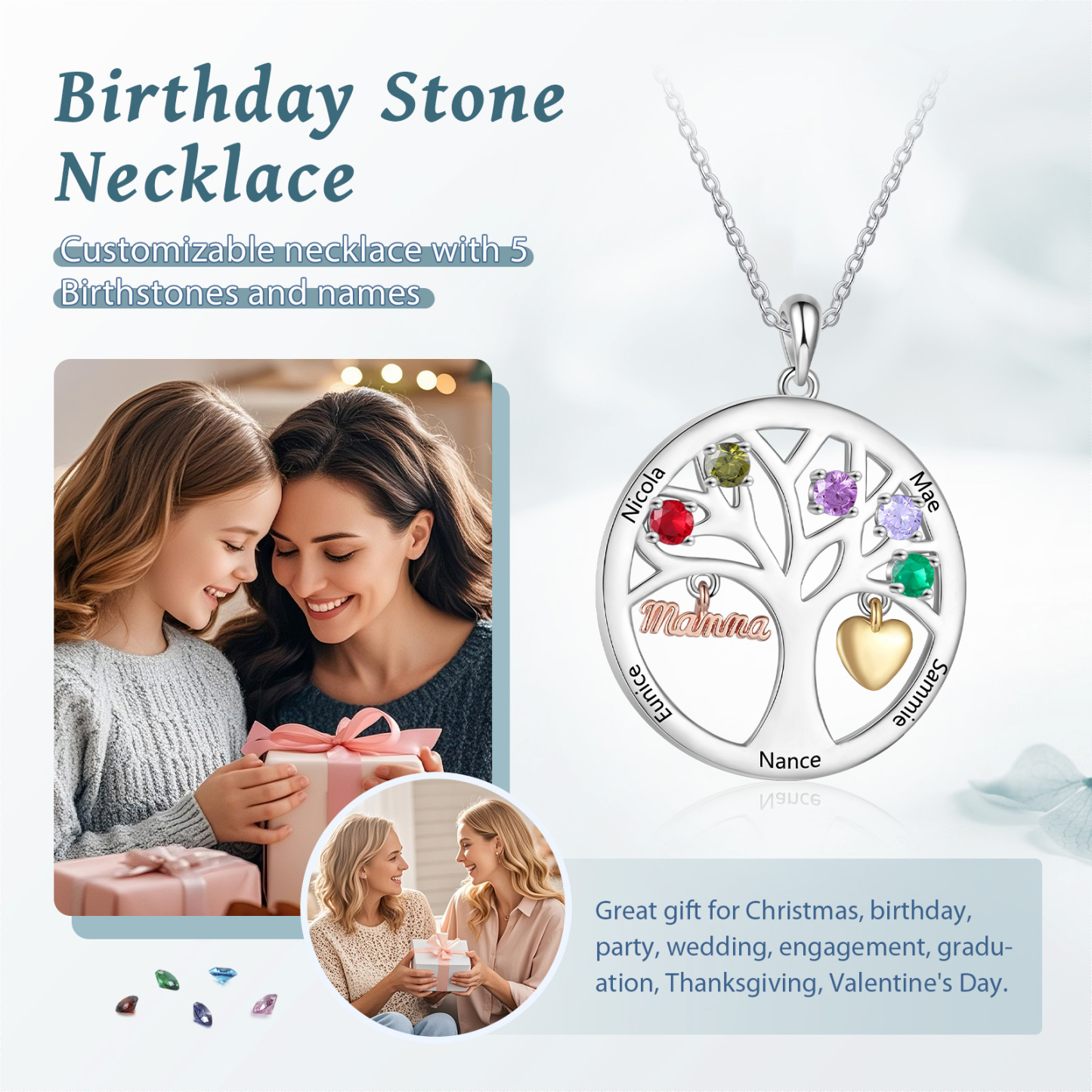 To my Mum/Mom Personalised Family Tree Necklace witn 5 Names and Birthstones Mothers' Day Gift | Jessemade