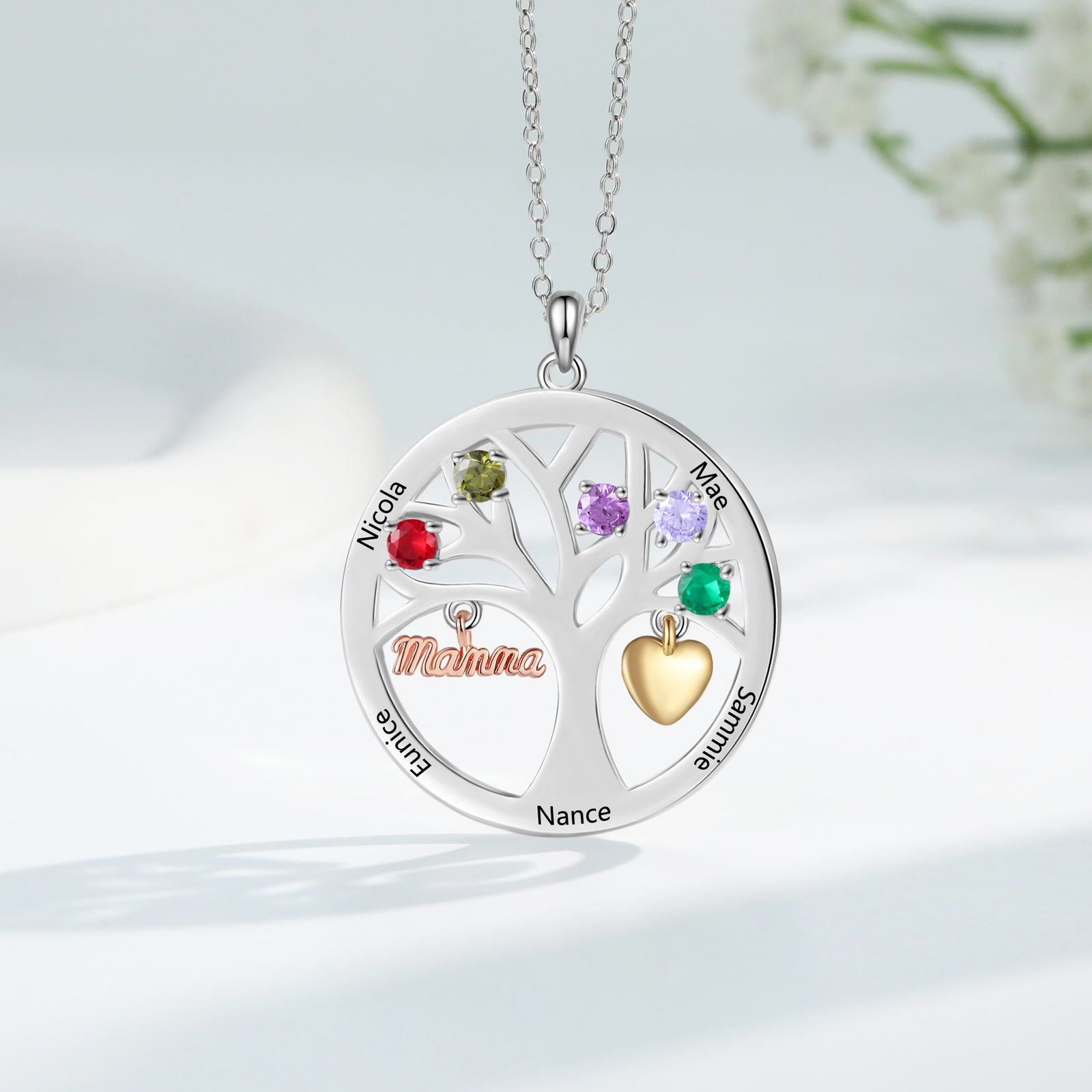 To my Mum/Mom Personalised Family Tree Necklace witn 5 Names and Birthstones Mothers' Day Gift | Jessemade