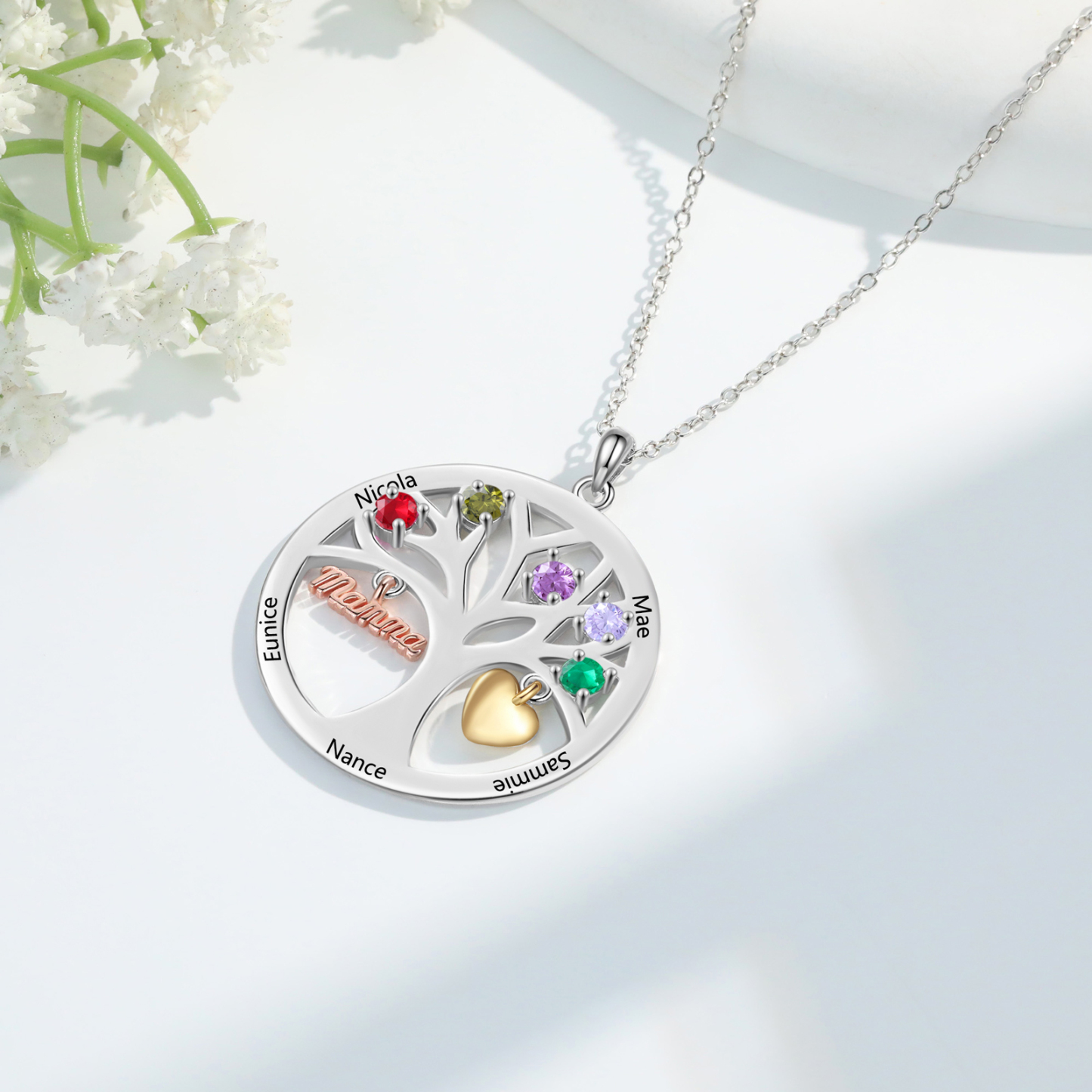 To my Mum/Mom Personalised Family Tree Necklace witn 5 Names and Birthstones Mothers' Day Gift | Jessemade