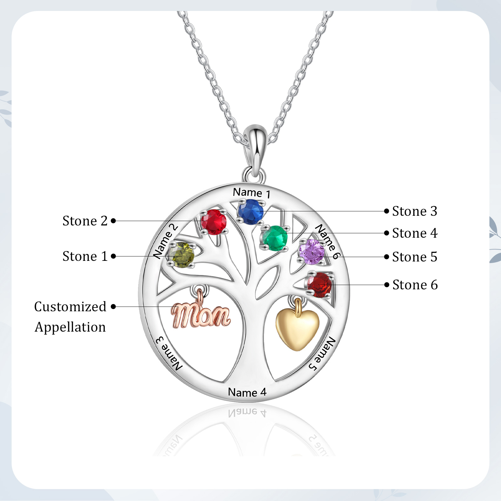 To my Mum/Mom Personalised Family Tree Necklace witn 6 Names and Birthstones Mothers' Day Gift | Jessemade