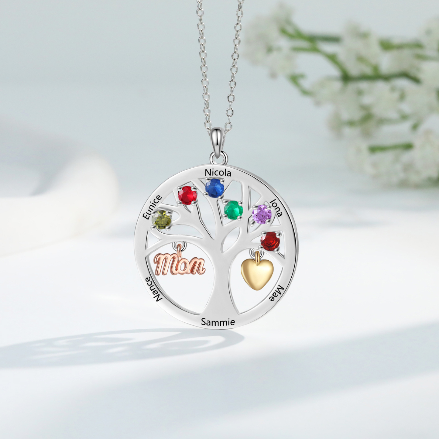 To my Mum/Mom Personalised Family Tree Necklace witn 6 Names and Birthstones Mothers' Day Gift | Jessemade