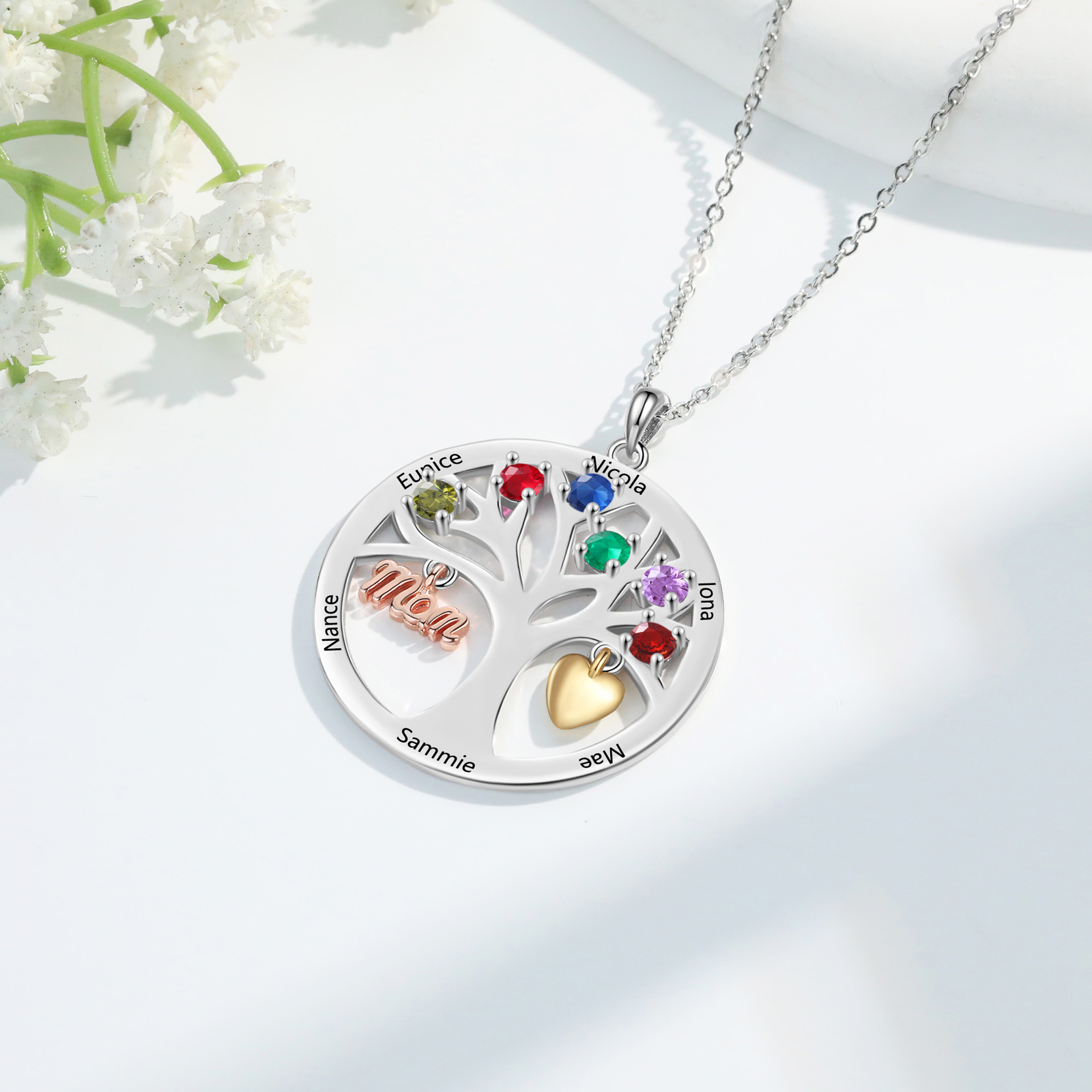 To my Mum/Mom Personalised Family Tree Necklace witn 6 Names and Birthstones Mothers' Day Gift | Jessemade