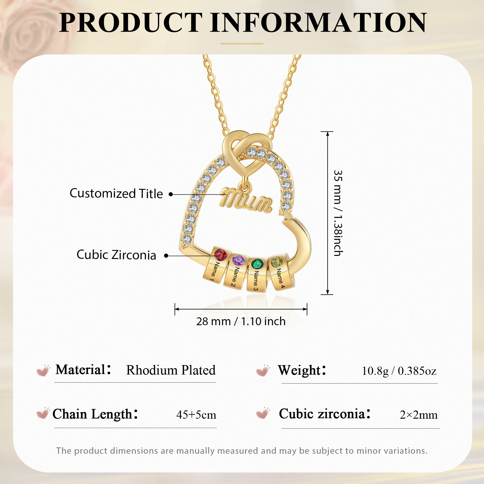 To my Mum/Mom Personalised Heart Necklace Custom 4 Birthstones and Names Mothers' Day Gift | Jessemade