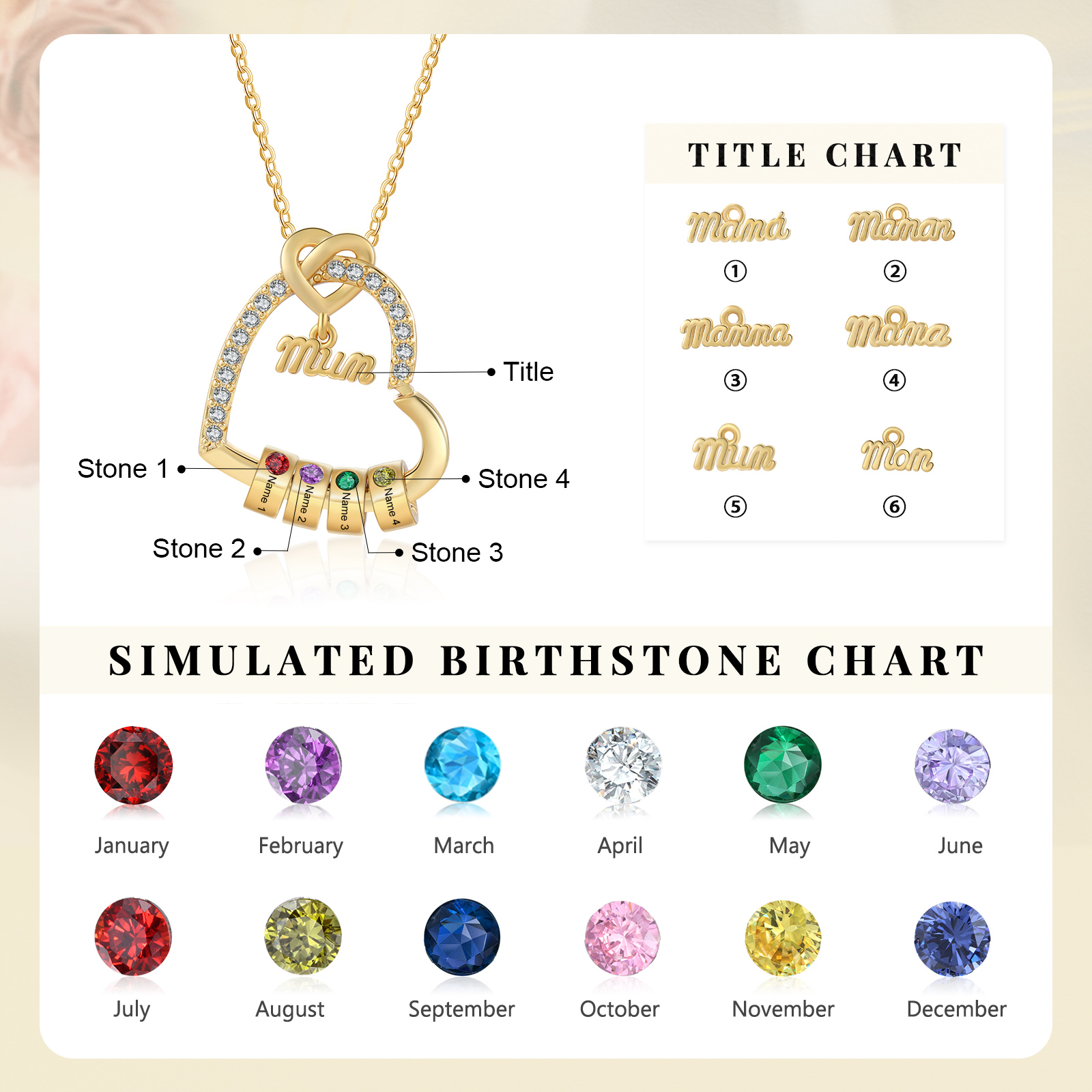 To my Mum/Mom Personalised Heart Necklace Custom 4 Birthstones and Names Mothers' Day Gift | Jessemade